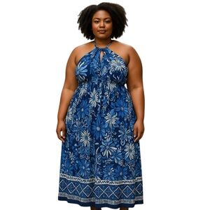 Avenue Blue White Tropical Floral Sleeveless Halter Maxi Dress Size 26/28 EUC